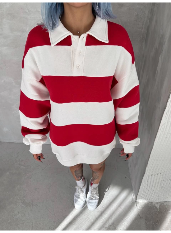Kadın 3 İplik Pamuklu Parçalı Yakalı SweatShirt - Kırmızı