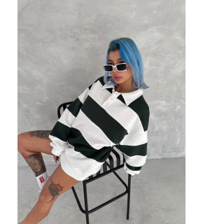 Kadın 3 iplik Pamuklu Parçalı Yakalı SweatShirt - Yeşil
