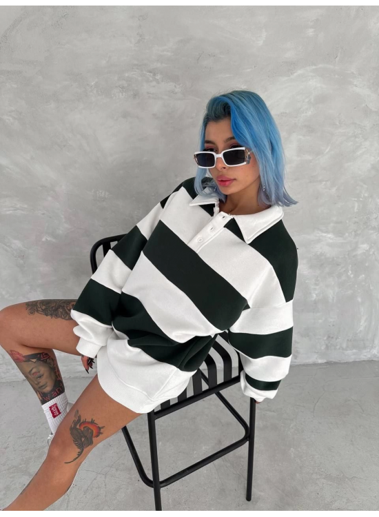 Kadın 3 iplik Pamuklu Parçalı Yakalı SweatShirt - Yeşil