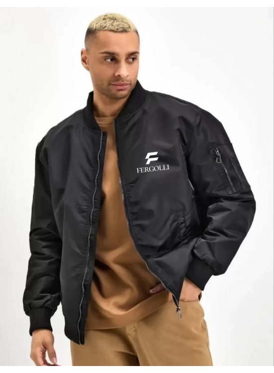 Erkek Siyah Bomber Mont Fergolli Logo Baskılı Fermuarlı Cepli Kapitone Astarlı - Siyah Erkek Siyah Bomber Mont Fergolli Logo Baskılı Fermuarlı Cepli Kapitone Astarlı - Siyah