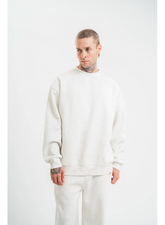 ERKEK 3 İplik Pamuklu Bisiklet Yaka Yıkamalı SweatShirt - Beyaz