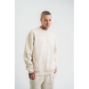 Erkek 3 İplik Pamuklu Yağ Yıkamalı Bisiklet Yaka Sweatshirt Oversize Hoodie - Krem
