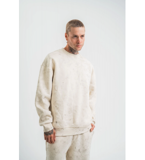 Erkek 3 İplik Pamuklu Yağ Yıkamalı Bisiklet Yaka Sweatshirt Oversize Hoodie - Krem