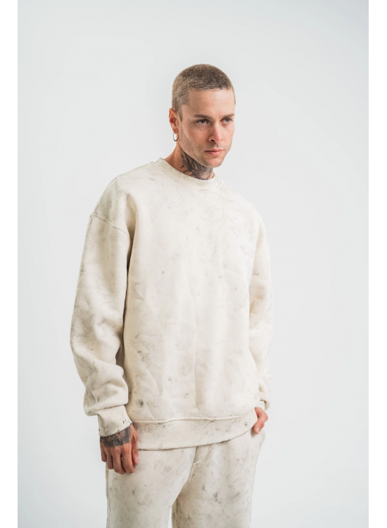 Erkek 3 İplik Pamuklu Yağ Yıkamalı Bisiklet Yaka Sweatshirt Oversize Hoodie - Krem Erkek 3 İplik Pamuklu Yağ Yıkamalı Bisiklet Yaka Sweatshirt Oversize Hoodie - Krem