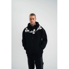 Erkek 3 İplik Pamuklu Kapüşonlu Baskılı Cepli Oversize Sweatshirt Hoodie - Siyah