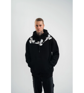 Erkek 3 İplik Pamuklu Kapüşonlu Baskılı Cepli Oversize Sweatshirt Hoodie - Siyah