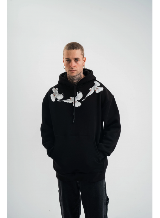 Erkek 3 İplik Pamuklu Kapüşonlu Baskılı Cepli Oversize Sweatshirt Hoodie - Siyah Erkek 3 İplik Pamuklu Kapüşonlu Baskılı Cepli Oversize Sweatshirt Hoodie - Siyah