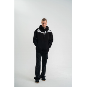 Erkek 3 İplik Pamuklu Kapüşonlu Baskılı Cepli Oversize Sweatshirt Hoodie - Siyah