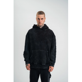 ERKEK 3 iplik Pamuklu Kapüşonlu Yıkamalı Nakışlı Hoodie SweatShirt - Siyah