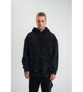 ERKEK 3 iplik Pamuklu Kapüşonlu Yıkamalı Nakışlı Hoodie SweatShirt - Siyah