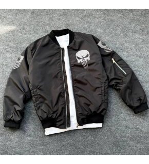 ERKEK Siyah Askeri Tarz Bomber Mont Punisher Skull Detaylı Fermuarlı Cepli - Siyah