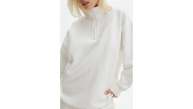Kadın 3 İplik Pamuklu Oversize Yarım Fermuarlı Yakalı Basic Sweatshirt - Beyaz