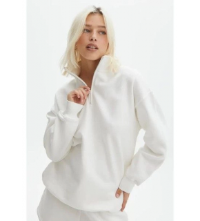 Kadın 3 İplik Pamuklu Oversize Yarım Fermuarlı Yakalı Basic Sweatshirt - Beyaz