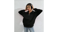 Kadın 3 iplik Pamuklu Uzun Kol Yarım Farmuarlı Yakalı SweatShirt - Siyah