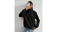 Kadın 3 iplik Pamuklu Uzun Kol Yarım Farmuarlı Yakalı SweatShirt - Siyah