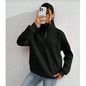 Kadın 3 iplik Pamuklu Uzun Kol Yarım Farmuarlı Yakalı SweatShirt - Siyah