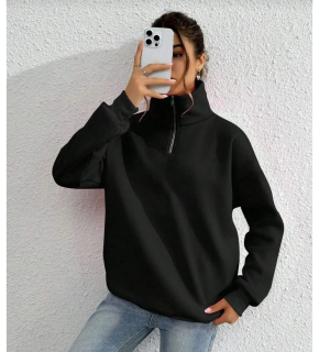 Kadın 3 iplik Pamuklu Uzun Kol Yarım Farmuarlı Yakalı SweatShirt - Siyah