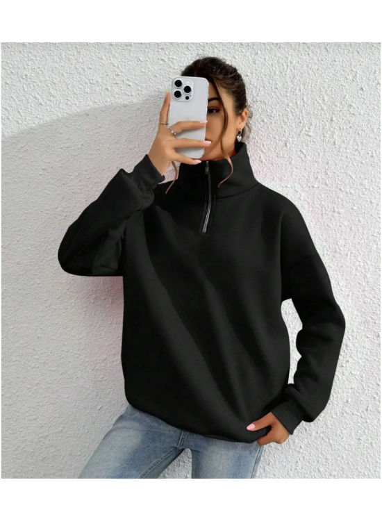 Kadın 3 iplik Pamuklu Uzun Kol Yarım Farmuarlı Yakalı SweatShirt - Siyah