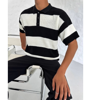 Erkek Polo Yaka Düğmeli Triko T-Shirt - Siyah