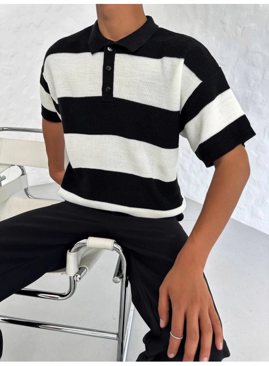Erkek Polo Yaka Düğmeli Triko T-Shirt - Siyah Erkek Polo Yaka Düğmeli Triko T-Shirt - Siyah