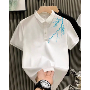 ERKEK Polo Yaka Tişört Düğmeli Pike Yıldırım Baskılı T-Shirt - Beyaz