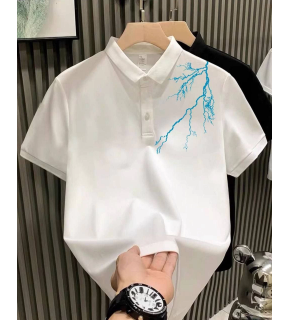 ERKEK Polo Yaka Tişört Düğmeli Pike Yıldırım Baskılı T-Shirt - Beyaz