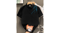 Erkek Polo Yaka Tişört Düğmeli Yıldırım Baskılı Pike T-Shirt - Siyah