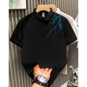 Erkek Polo Yaka Tişört Düğmeli Yıldırım Baskılı Pike T-Shirt - Siyah
