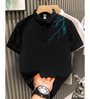 Erkek Polo Yaka Tişört Düğmeli Yıldırım Baskılı Pike T-Shirt - Siyah