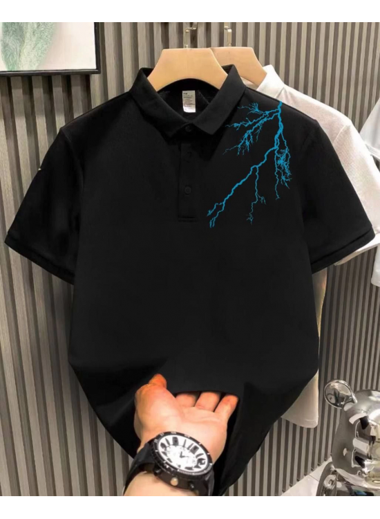 Erkek Polo Yaka Tişört Düğmeli Yıldırım Baskılı Pike T-Shirt - Siyah