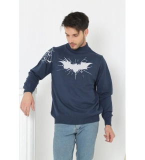 Erkek Yarım Bağazlı Kazak Baskılı Dokuma Triko - Indigo