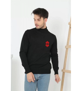 Erkek Yarım Bağazlı Kazak Baskılı Dokuma Triko - Siyah