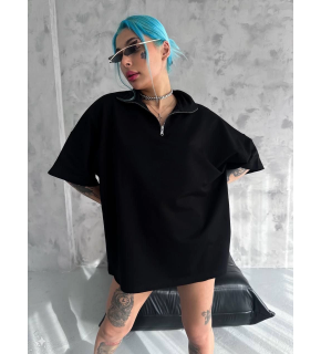 Kadın Yarım Fermuarlı Tişört Kısa kol T-Shirt - Siyah