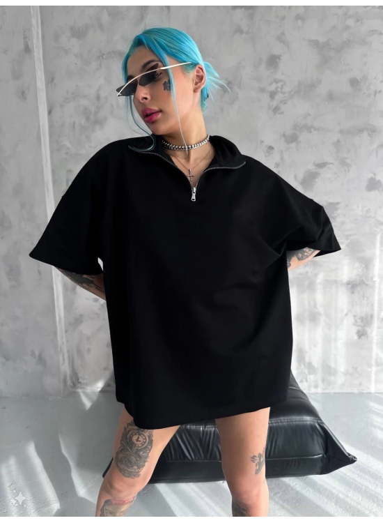 Kadın Yarım Fermuarlı Tişört Kısa kol T-Shirt - Siyah Kadın Yarım Fermuarlı Tişört Kısa kol T-Shirt - Siyah
