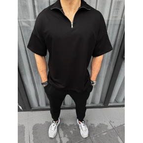 Erkek Yarım Fermuarlı Kısa kol T-Shirt - Siyah