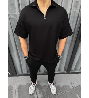 Erkek Yarım Fermuarlı Kısa kol T-Shirt - Siyah