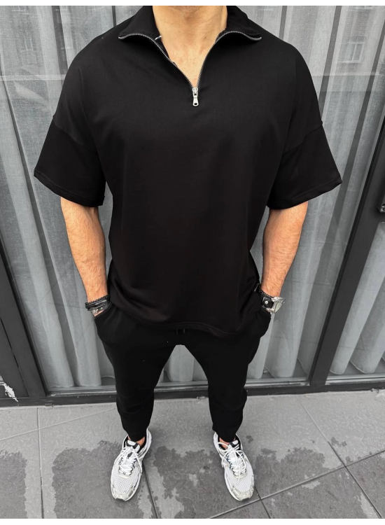 Erkek Yarım Fermuarlı Kısa kol T-Shirt - Siyah Erkek Yarım Fermuarlı Kısa kol T-Shirt - Siyah