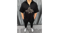 Erkek Yarım Fermuarlı Baskılı Oversize T-Shirt - Siyah Erkek Yarım Fermuarlı Baskılı Oversize T-Shirt - Siyah