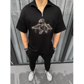 Erkek Yarım Fermuarlı Baskılı Oversize T-Shirt - Siyah