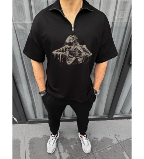 Erkek Yarım Fermuarlı Baskılı Oversize T-Shirt - Siyah