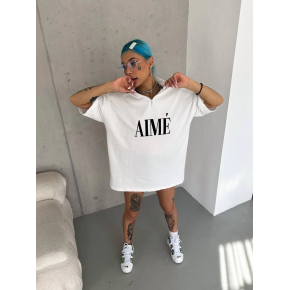 Kadın Yarım Fermuarlı Tişört Kısa kol Baskılı T-Shirt - Beyaz