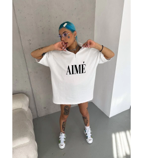 Kadın Yarım Fermuarlı Tişört Kısa kol Baskılı T-Shirt - Beyaz