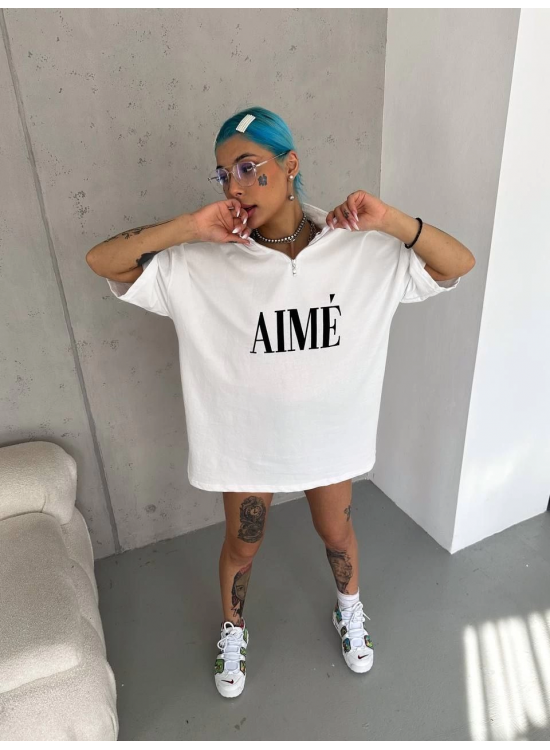 Kadın Yarım Fermuarlı Tişört Kısa kol Baskılı T-Shirt - Beyaz Kadın Yarım Fermuarlı Tişört Kısa kol Baskılı T-Shirt - Beyaz