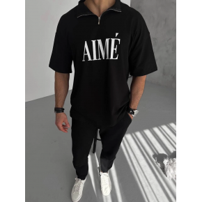 ERKEK Tişört Yakalı Yarım Fermuarlı  Kısa Kol Baskılı T-Shirt - Siyah
