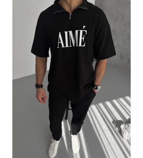ERKEK Tişört Yakalı Yarım Fermuarlı  Kısa Kol Baskılı T-Shirt - Siyah
