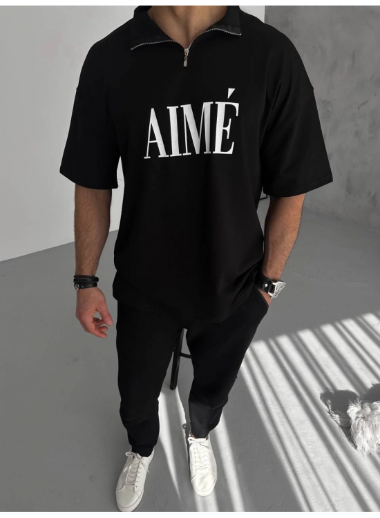 ERKEK Tişört Yakalı Yarım Fermuarlı Kısa Kol Baskılı T-Shirt - Siyah ERKEK Tişört Yakalı Yarım Fermuarlı Kısa Kol Baskılı T-Shirt - Siyah