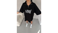 Kadın Yarım Fermuarlı Tişört Baskılı T-Shirt - Siyah Kadın Yarım Fermuarlı Tişört Baskılı T-Shirt - Siyah