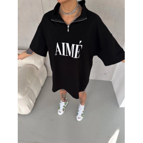 Kadın Yarım Fermuarlı Tişört Baskılı T-Shirt - Siyah