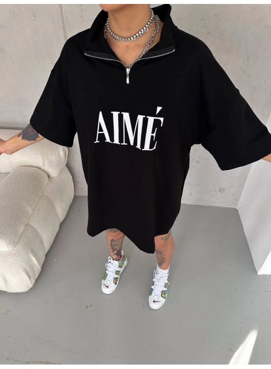 Kadın Yarım Fermuarlı Tişört Baskılı T-Shirt - Siyah Kadın Yarım Fermuarlı Tişört Baskılı T-Shirt - Siyah