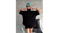 Kadın Yarım Fermuarlı Tişört Düz Oversize T-Shirt - Siyah Kadın Yarım Fermuarlı Tişört Düz Oversize T-Shirt - Siyah